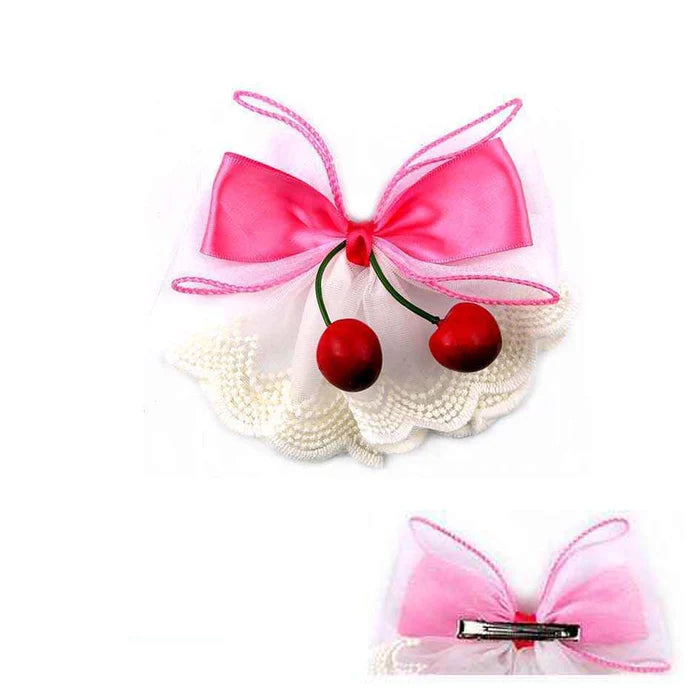 Cherry Blossom Satin Bow Hair Clip – Lace Ruffle Coquette Hair Accessory (YBR-1943)