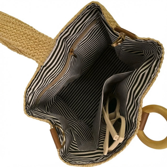 Grace Beauty chic straw pouch handbag with top carry handle, featuring woven texture and stylish design.