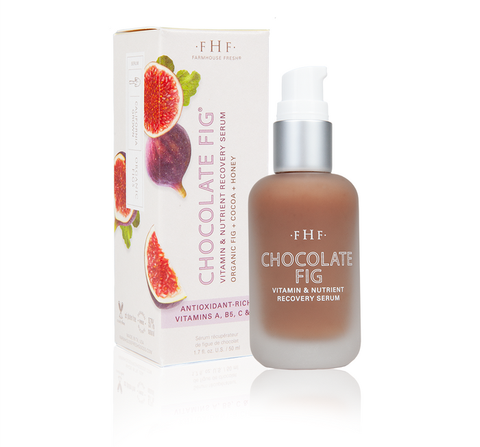 Bottle of Chocolate Fig Vitamin Recovery Serum | Farmhouse Fresh with matching box featuring vibrant fig illustrations, highlighting skincare and nutrient-rich recovery serum.