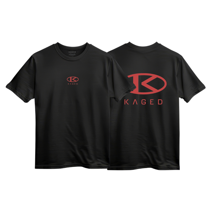 Front and back view of Circle Tee showcasing red KAGED circle logo on black shirt with white background #color_black