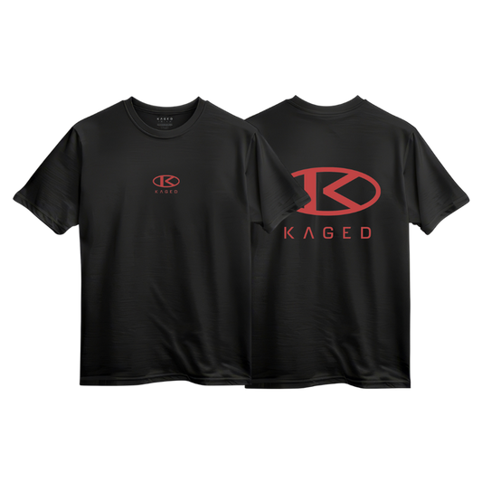 Front and back view of Circle Tee showcasing red KAGED circle logo on black shirt with white background #color_black
