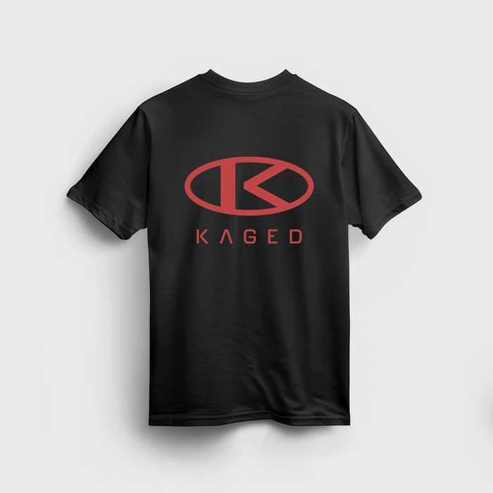 Back of Circle Tee showing red KAGED circle logo and wordmark on black t-shirt on light gray background #color_black