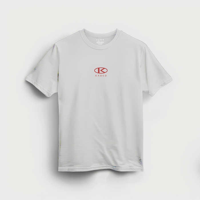 Front view of Circle Tee showcasing centered red KAGED circle logo on white tee against plain white background #color_white