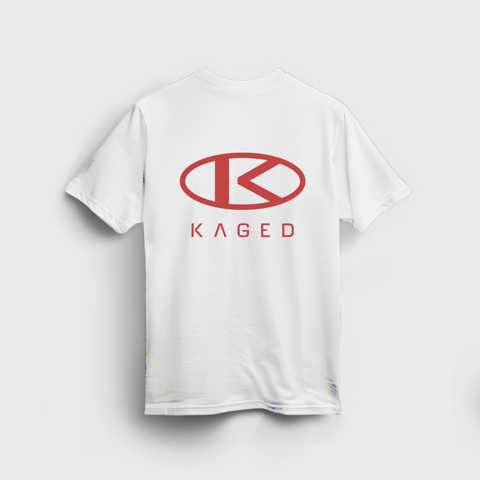 Back view of Circle Tee showcasing red KAGED circle logo and KAGED wordmark on a white tee against a light gray background #color_white