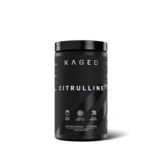 A black plastic tub of Kaged Citrulline dietary supplement capsules, featuring a matte black label with white text and icons, set against a clean white background with a soft shadow.