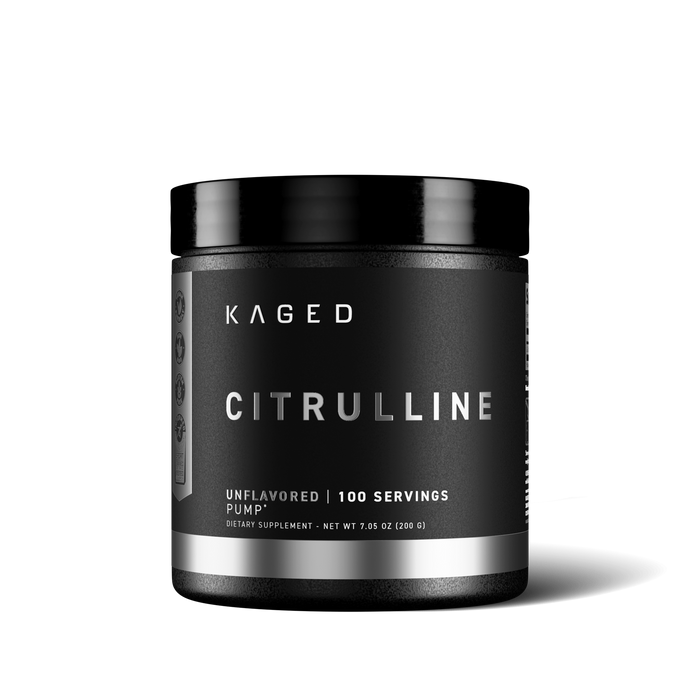 Front view of Kaged L-Citrulline jar showing label Citrulline, unflavored 100 servings, 200 g on black background