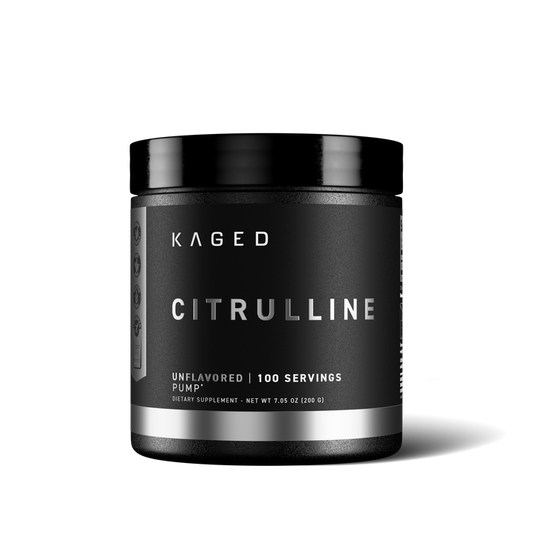 Front view of Kaged L-Citrulline jar showing label Citrulline, unflavored 100 servings, 200 g on black background