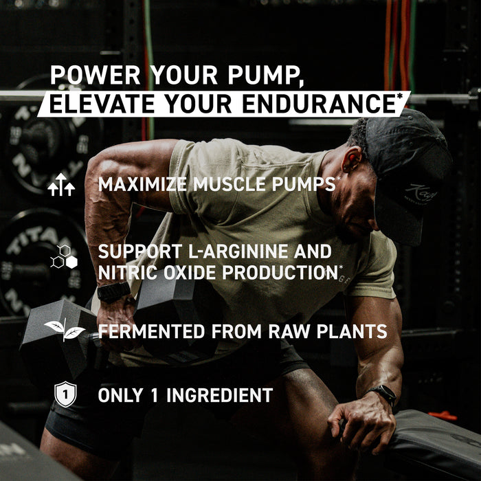 Promotional banner showing headline ‘Power your pump, elevate your endurance’ listing bigger pumps, nitric oxide, plant-based