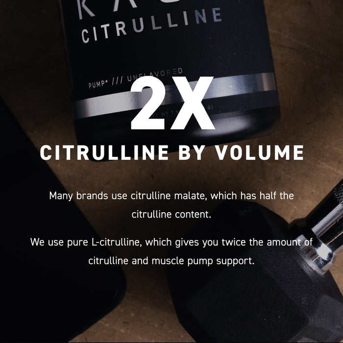 Close-up of Kaged L-Citrulline jar front showcasing overlaid text 2X and headline CITRULLINE BY VOLUME on a dark background