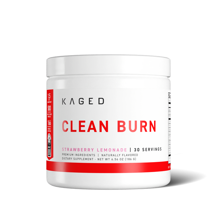 Close front view of Clean Burn Powder tub showing large CLEAN BURN label and Strawberry Lemonade flavor on white background #flavor_strawberry lemonade