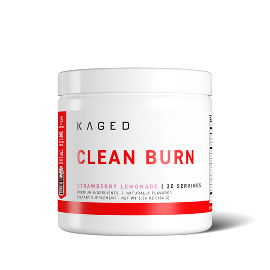 Close front view of Clean Burn Powder tub showing large CLEAN BURN label and Strawberry Lemonade flavor on white background #flavor_strawberry lemonade