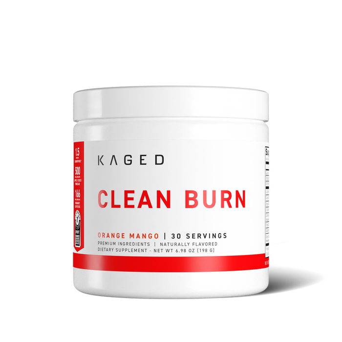 Front view of Clean Burn powder tub showcasing KAGED logo, large CLEAN BURN label and Orange Mango 30 servings flavor on white background #flavor_orange mango