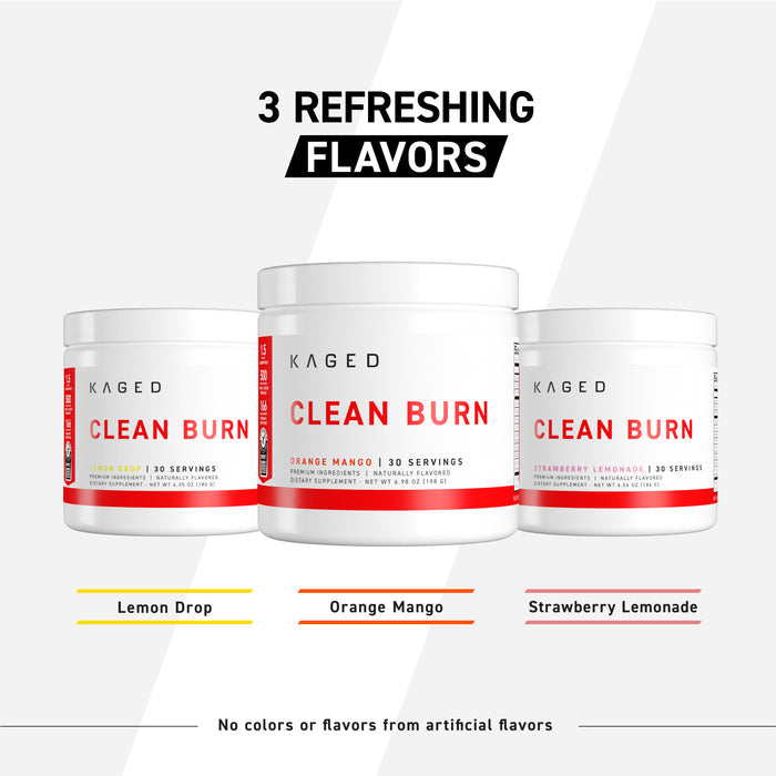 Front view of Clean Burn tubs showing Lemon Drop, Orange Mango, Strawberry Lemonade and headline 3 REFRESHING FLAVORS on a light gray background
