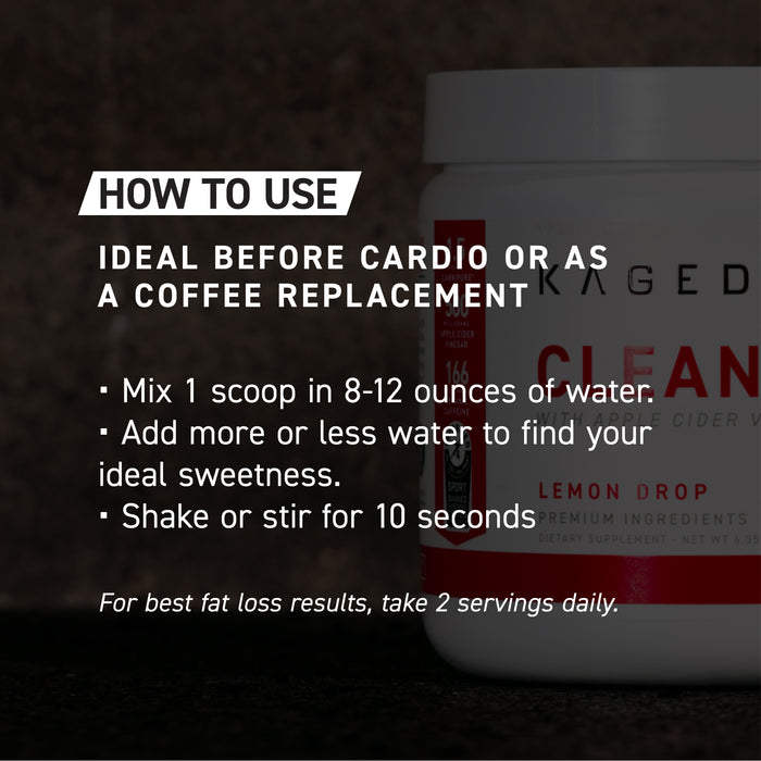 Instructional graphic showing How to Use Clean Burn Powder: mix 1 scoop in 8–12 oz water, adjust sweetness, shake 10 seconds, take 2 servings daily