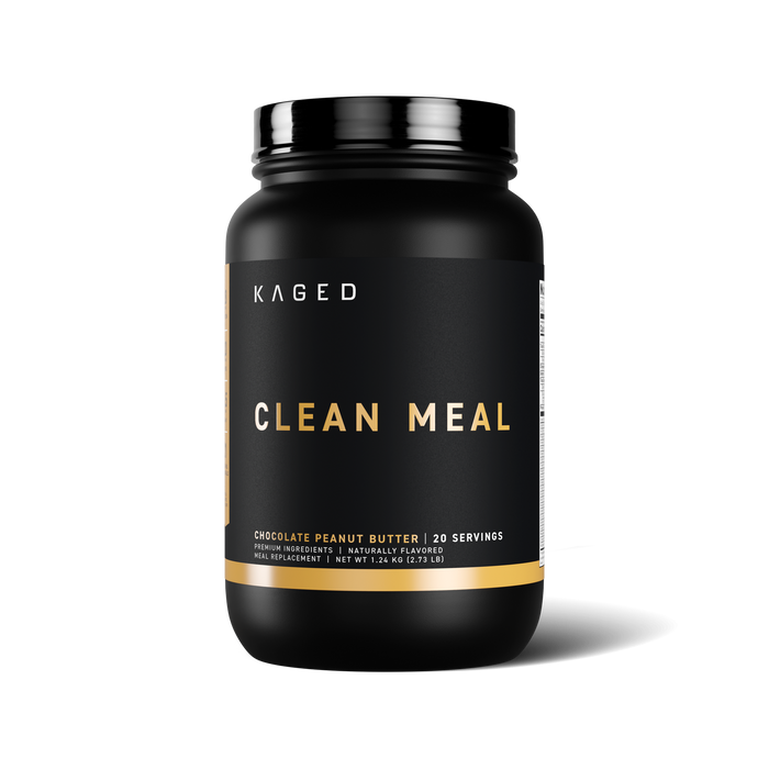 Cropped front view of Clean Meal chocolate peanut butter tub showing black label reading CLEAN MEAL on white background #flavor_chocolate peanut butter