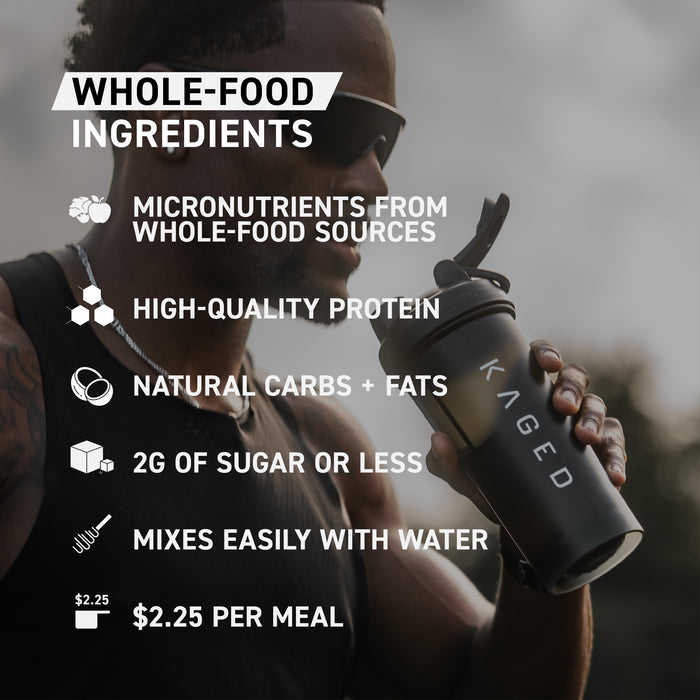 Promotional infographic showing Clean Meal benefits: whole-food micronutrients, high-quality protein, natural carbs and fats, 2 g sugar or less, mixes easily with water