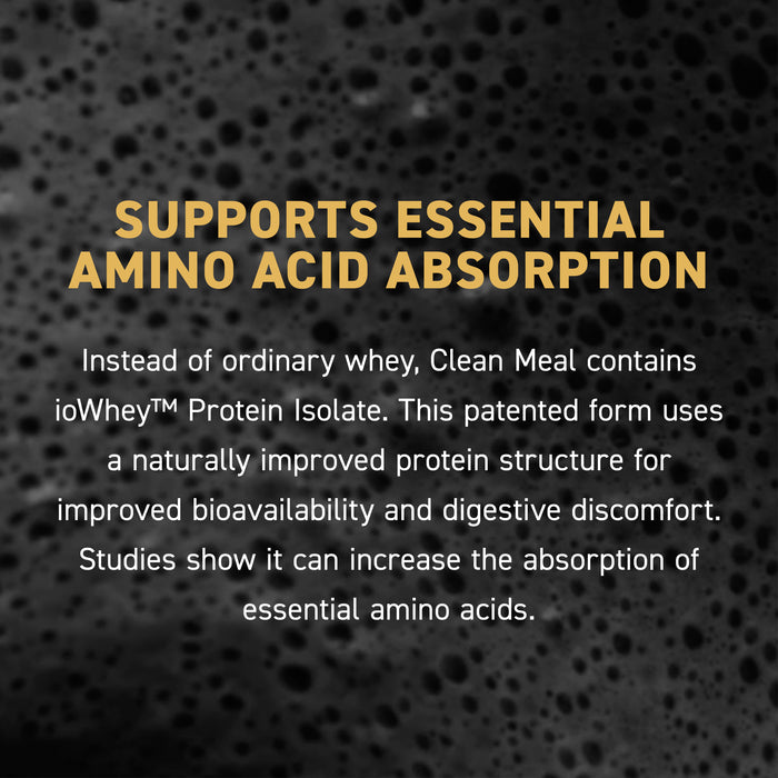 Text panel: 'Supports essential amino acid absorption' — Clean Meal contains ioWhey isolate to improve absorption and digestion