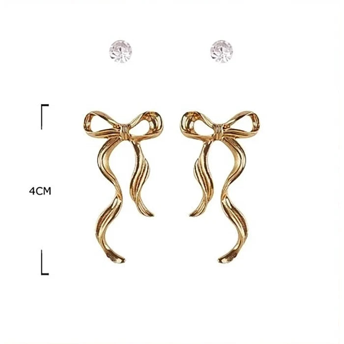 Coquette Style Ribbon Bow Earrings Set | 4-Piece Dainty Crystal Studs and Metallic Hanging Bows (EF-2131GS)