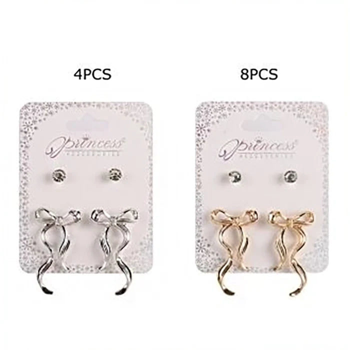 Coquette Style Ribbon Bow Earrings Set | 4-Piece Dainty Crystal Studs and Metallic Hanging Bows (EF-2131GS)
