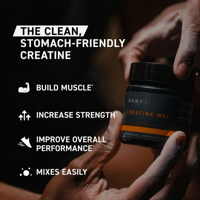 Promotional graphic: ‘The clean, stomach-friendly creatine’ — benefits: muscle, strength, performance, mixes easily