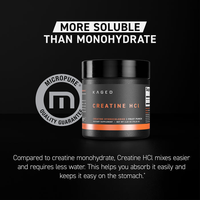 Front view of Creatine HCl tub with More soluble than monohydrate headline and Micropure quality badge on black background
