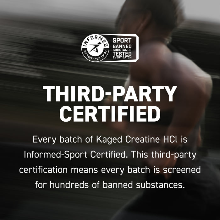 Promotional graphic showing THIRD-PARTY CERTIFIED headline and Informed-Sport badge with text that every batch of Kaged Creatine HCl is screened for hundreds of banned substances