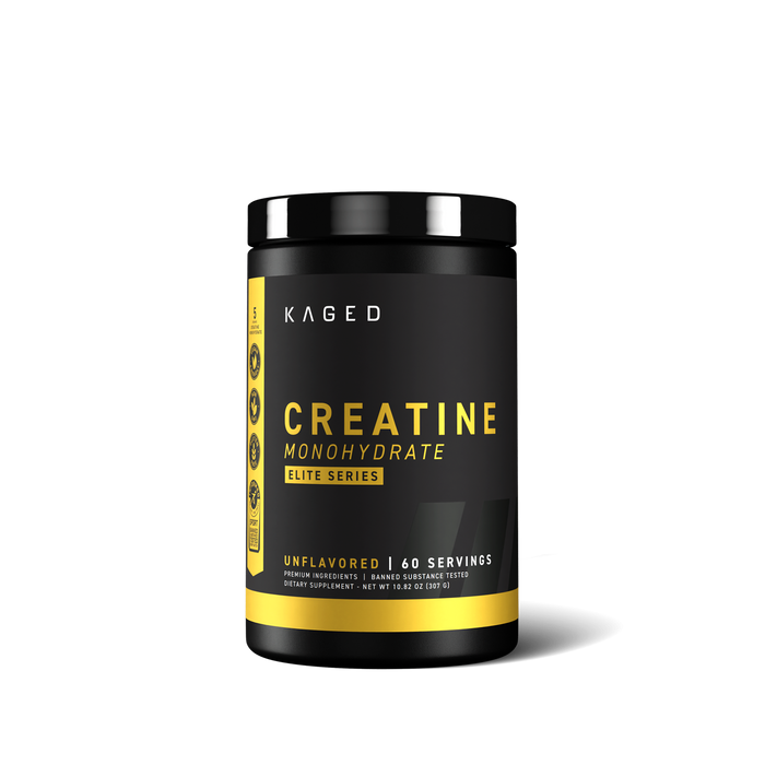 Front view of Creatine Monohydrate Elite tub showing black-and-yellow label 'Unflavored • 60 servings' on white background