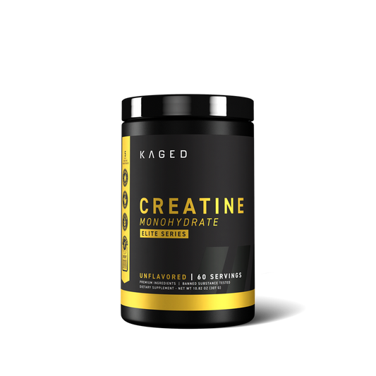 Front view of Creatine Monohydrate Elite tub showing black-and-yellow label 'Unflavored • 60 servings' on white background