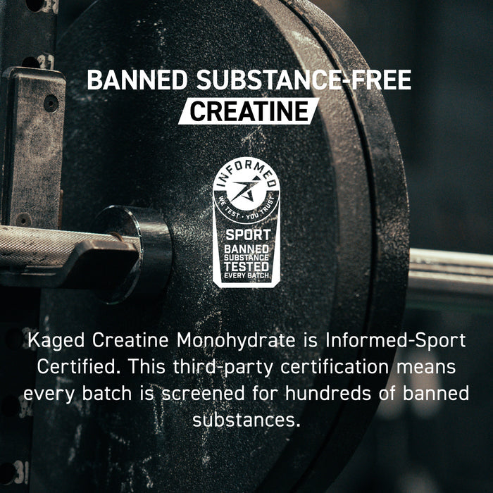 Banner reading "Banned substance-free CREATINE" with an Informed‑Sport certification badge over a close-up of a barbell plate