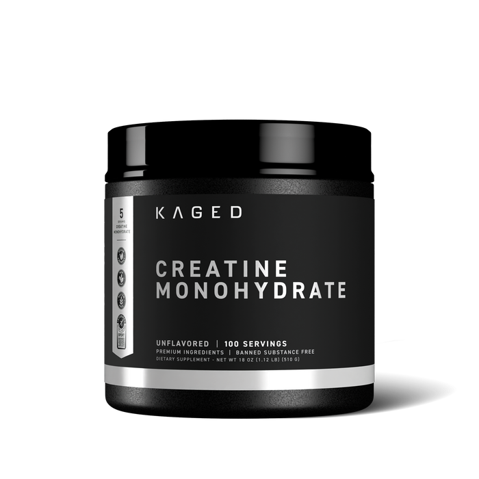 Front view of Kaged Creatine Monohydrate container showcasing the label reading 'CREATINE MONOHYDRATE', 'Unflavored', and '100 servings' on a black background