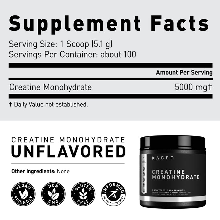 Supplement facts showing Creatine Monohydrate unflavored, 1 scoop (5.1 g), 5000 mg per serving, about 100 servings