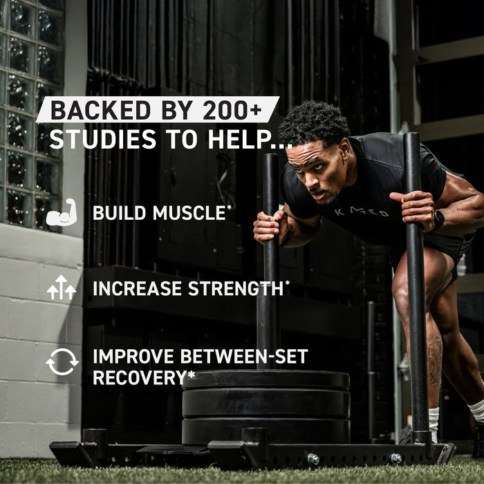 Banner reading ‘Backed by 200+ studies to help’ listing benefits: build muscle, increase strength, improve recovery