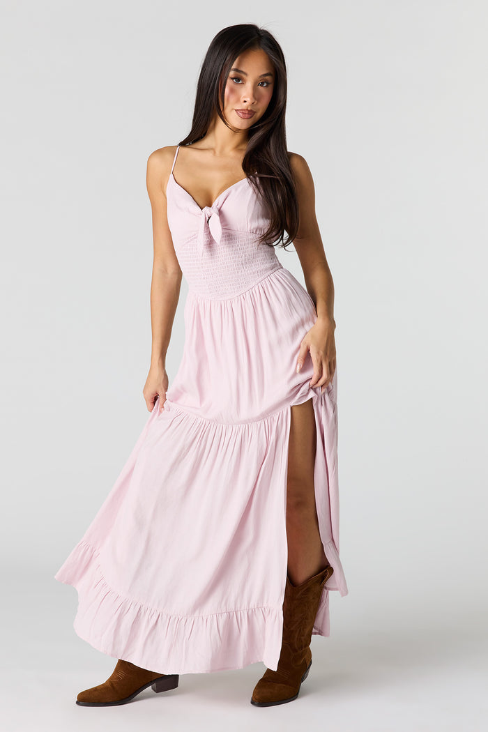 Crepe Smocked Tiered Slit Maxi Dress