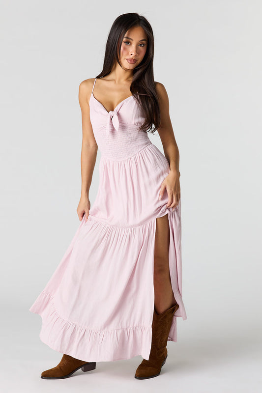 Crepe Smocked Tiered Slit Maxi Dress