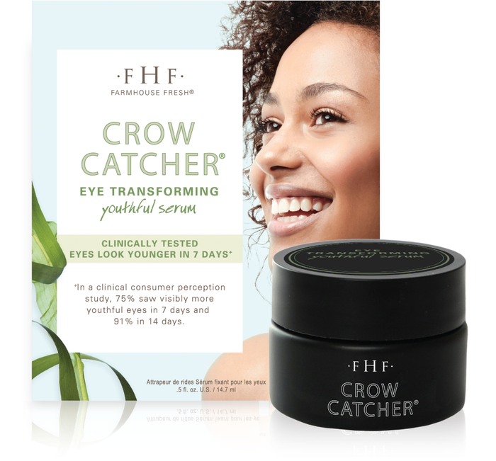 Smiling woman with glowing skin next to a jar of Crow Catcher® Eye Transforming Serum | Farmhouse Fresh and its branded product packaging highlighting youthful eye benefits.