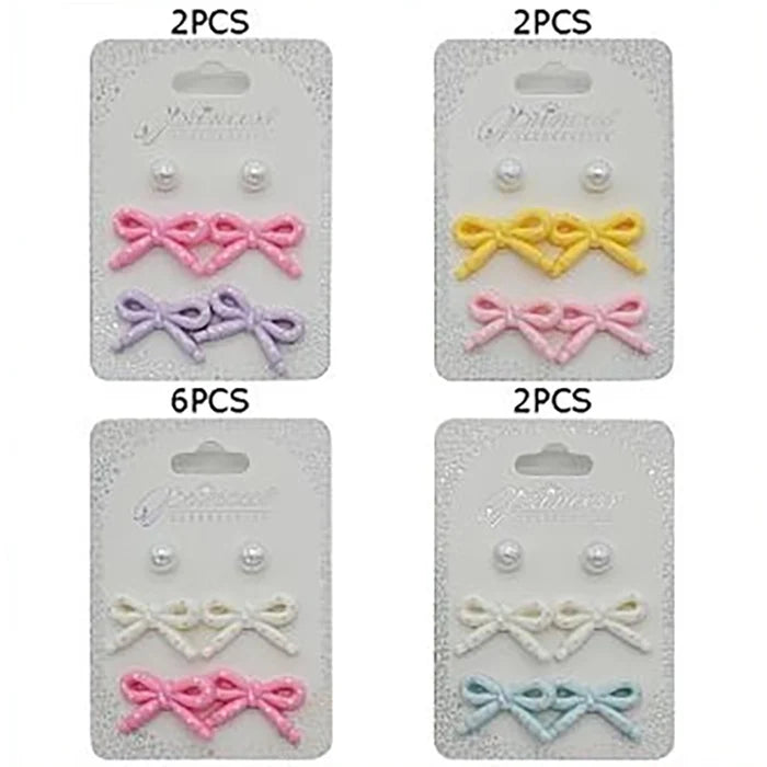Cute Bow & Pearl Stud Earrings Set – Pastel Polka Dot Resin Ribbon Earrings for Girls & Women (6-Piece Multipack) (EF-6089PD)