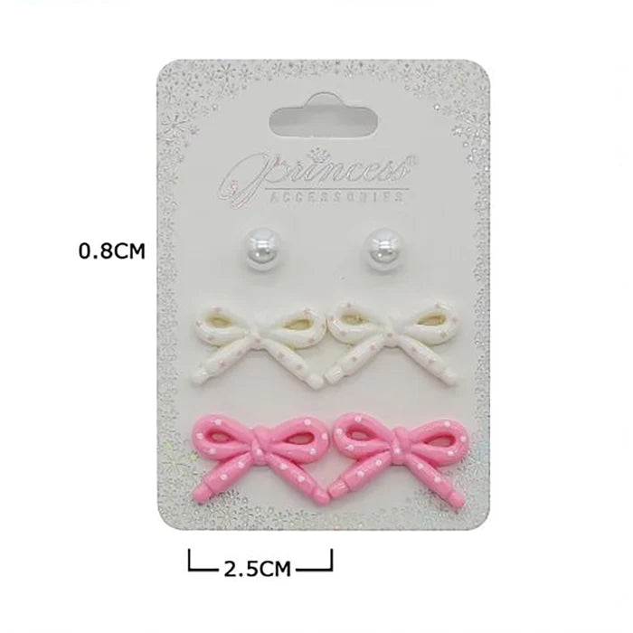 Cute Bow & Pearl Stud Earrings Set – Pastel Polka Dot Resin Ribbon Earrings for Girls & Women (6-Piece Multipack) (EF-6089PD)