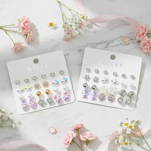 Cute Character Kids Stud Earrings Set (12 Pairs) – Hypoallergenic Mixed Sparkle Rhinestone, Pearl & Cute Cat Earrings for Girls (LER40)