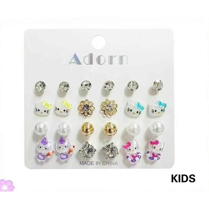 Cute Character Kids Stud Earrings Set (12 Pairs) – Hypoallergenic Mixed Sparkle Rhinestone, Pearl & Cute Cat Earrings for Girls (LER40)