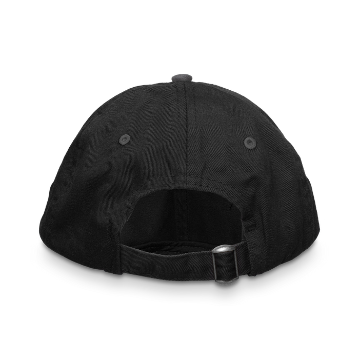 Rear view of KAGED Dad Hat showing adjustable strap with metal buckle on black cotton cap