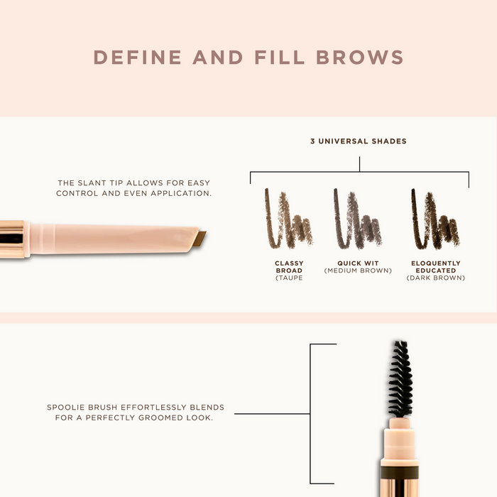 Defined Brilliance Dual Sided Eyebrow Pencil | Pretty Vulgar showing three universal shades in taupe, medium brown, and dark brown, with a slant tip for easy application and a spoolie brush for blending.