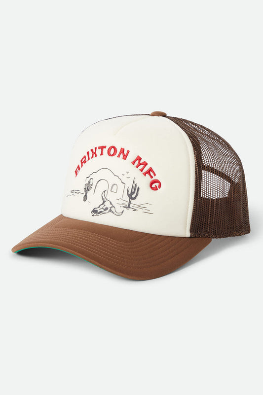 Women's Desert Leisure Netplus Trucker Hat in the color Pinecone Brown/Whitecap - Front Product View