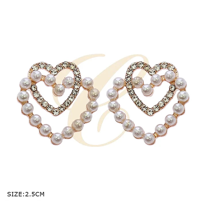 Double Heart Pearl Stud Earrings for Women – Rhinestone Crystal & Faux Pearl Layered Open Heart Statement Earrings (2.5 cm) (RER-3305GS)