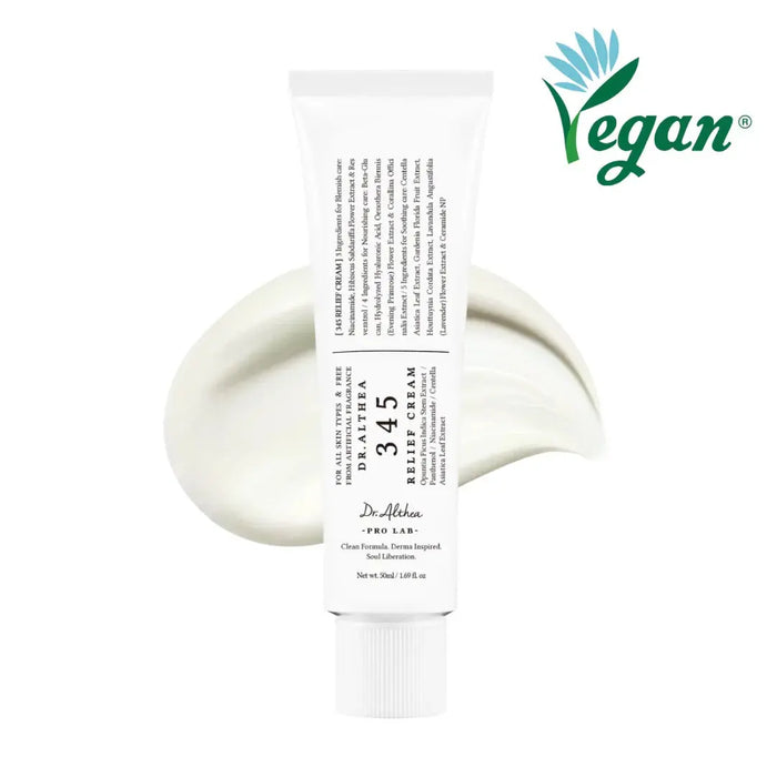 A tube of Dr. Althea 345 Relief Cream with a small amount of the cream displayed in front of it.