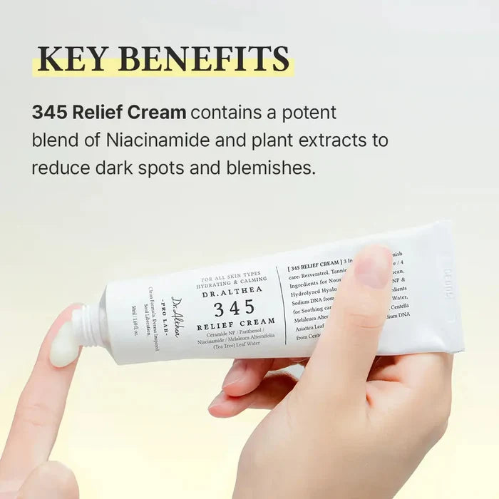 Hand holding a tube of Dr. Althea 345 Relief Cream with text about its key benefits.