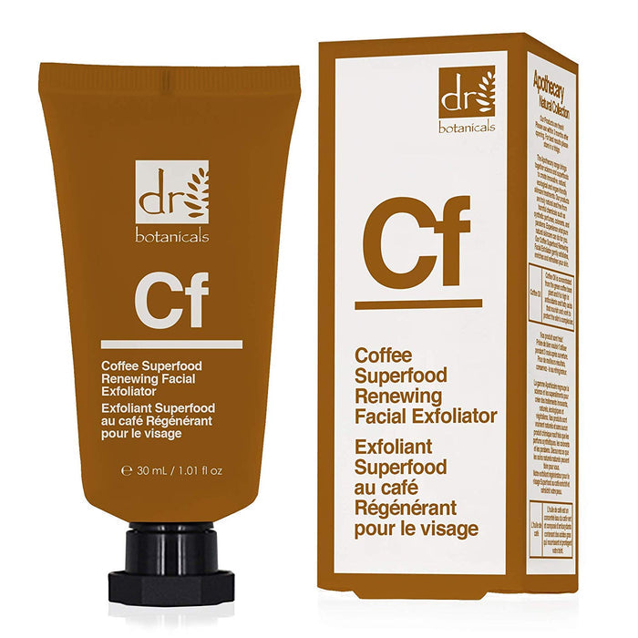 Dr. Botanicals Coffee Superfood Renewing Facial Exfoliator in 30ml vegan skin care tube, with coffee and natural ingredients visible.