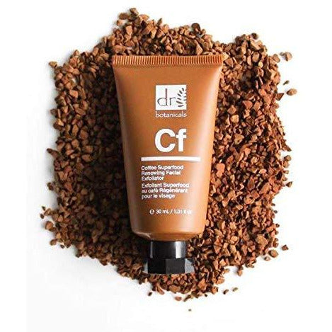 Dr. Botanicals Coffee Superfood Renewing Facial Exfoliator 30ml vegan skin care product with exfoliating texture and coffee ingredients.