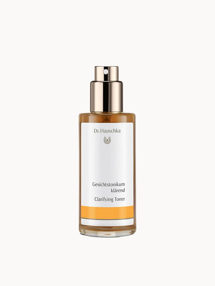 Dr. Hauschka Clarifying Toner in a 100 ml bottle for oily and blemished or combination skin, shown in the image.