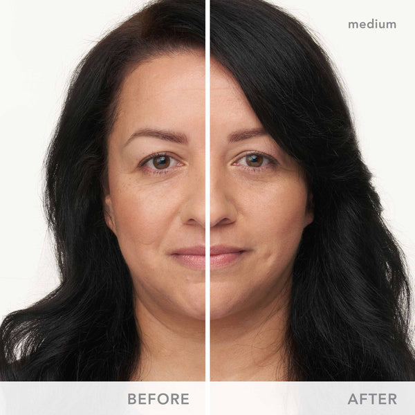 Portrait of a woman showing before and after results with medium shade of Dream Tine Tinted Moisturizer SPF 15 | Jane Iredale, illustrating natural skincare enhancement.