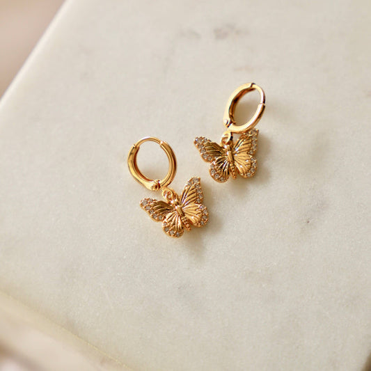 E1428G Gold Earrings-Butterfly Huggie Hoops